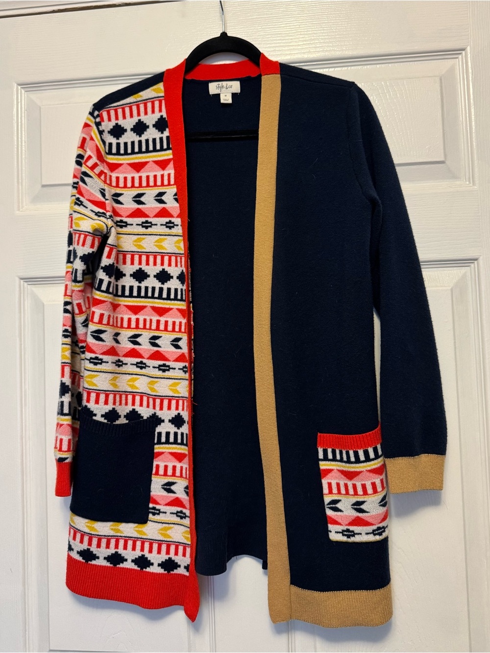 Style & Co. Navy Open Front Cardigan with Multicolor Fair Isle Panels